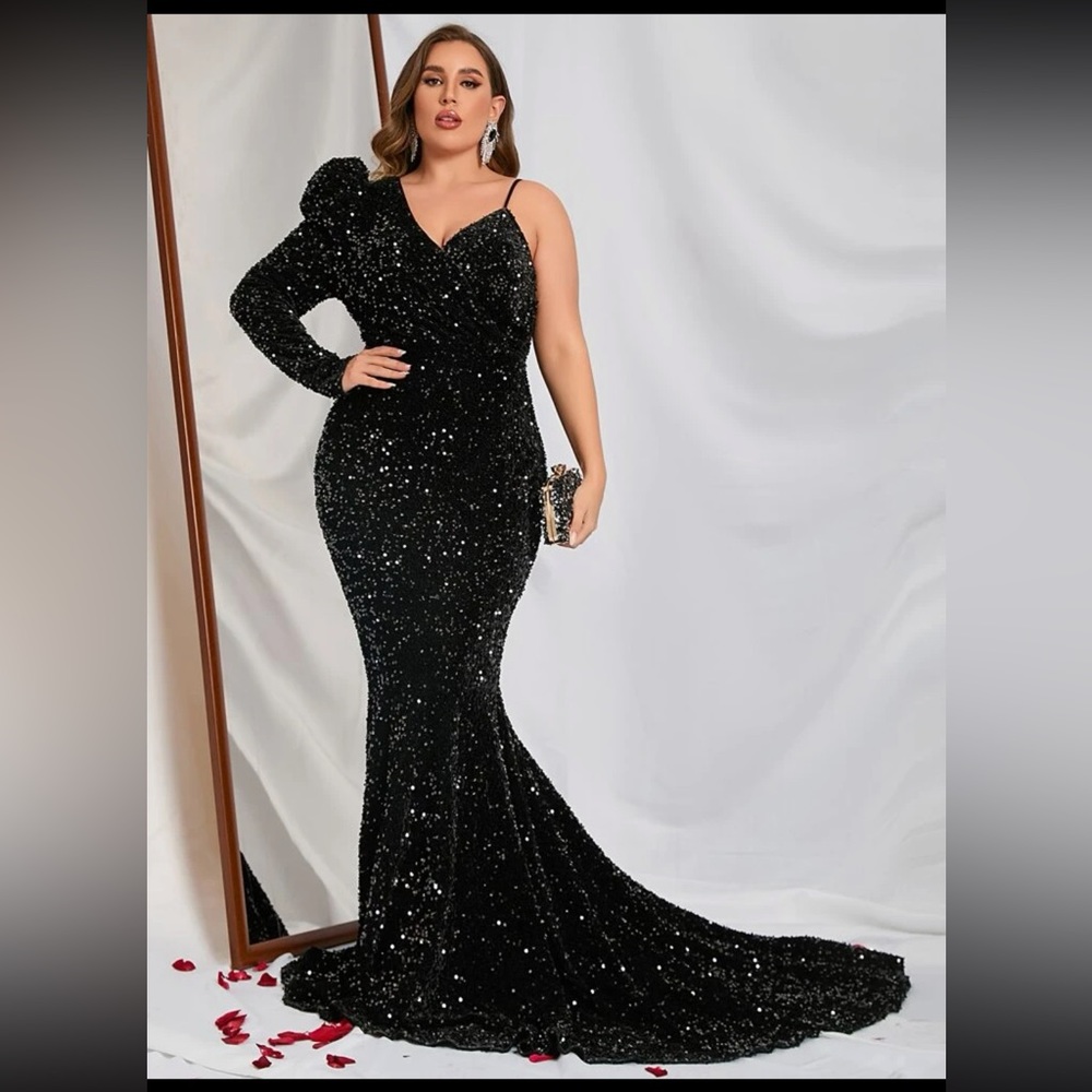 Plus Asymmetrical Sequin Black Dress